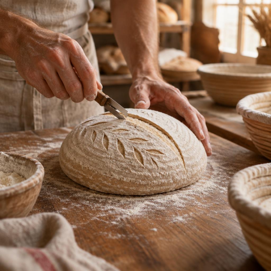 Baker scoring a sourdough loaf before baking