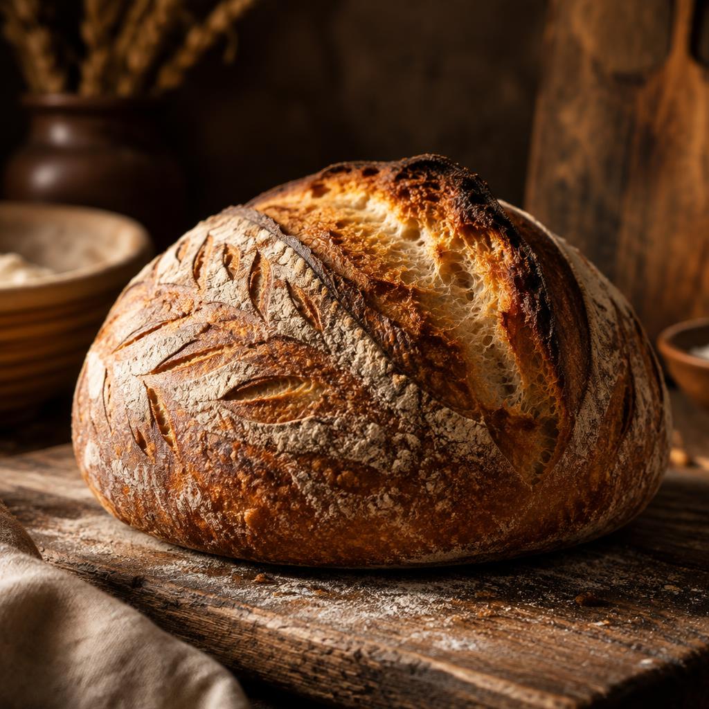 Golden-crusted artisan sourdough boule on a wooden board